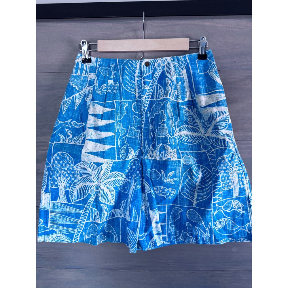 Vintage Reyn Spooner Blue Tropical Batik Palm Tree Print High Waist Pleat Shorts